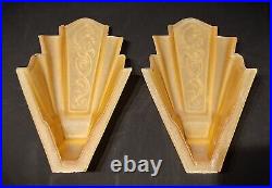 Antique PAIR of ART DECO Amber Glass SLIP SHADE Wall Sconces 1920s Copper Finish