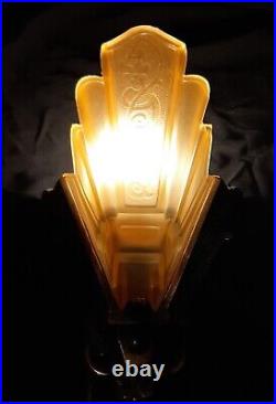 Antique PAIR of ART DECO Amber Glass SLIP SHADE Wall Sconces 1920s Copper Finish