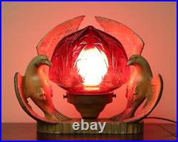 Antique Painted Spelter Art Deco Birds of Prey Radio Lamp with Red Glass Globe