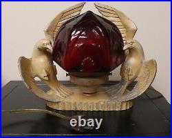 Antique Painted Spelter Art Deco Birds of Prey Radio Lamp with Red Glass Globe