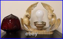 Antique Painted Spelter Art Deco Birds of Prey Radio Lamp with Red Glass Globe