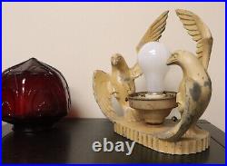 Antique Painted Spelter Art Deco Birds of Prey Radio Lamp with Red Glass Globe