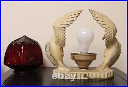 Antique Painted Spelter Art Deco Birds of Prey Radio Lamp with Red Glass Globe