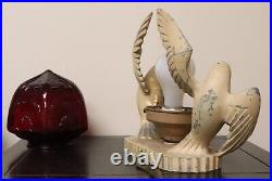 Antique Painted Spelter Art Deco Birds of Prey Radio Lamp with Red Glass Globe