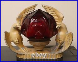 Antique Painted Spelter Art Deco Birds of Prey Radio Lamp with Red Glass Globe