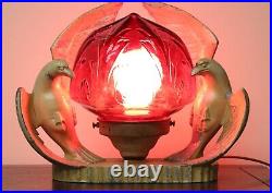 Antique Painted Spelter Art Deco Birds of Prey Radio Lamp with Red Glass Globe