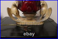 Antique Painted Spelter Art Deco Birds of Prey Radio Lamp with Red Glass Globe