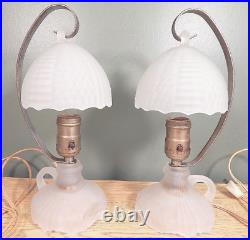 Antique Pair Of Art Deco Frosted Faceted Glass Boudior Lamps