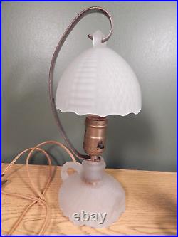 Antique Pair Of Art Deco Frosted Faceted Glass Boudior Lamps