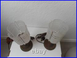 Antique Pair Of Art Deco Painted Table Lamps Frosted Glass Shades 1930s 10 Tall