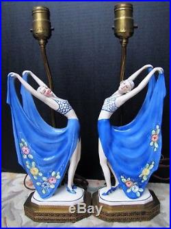 Antique Pair of German Art Deco Porcelain Dancing Ladies Table lamps