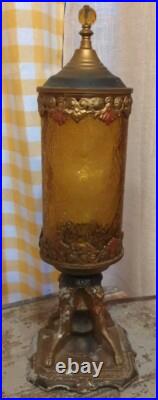 Antique Polychrome Table Lamp With Amber Cracked Style Shade Art Deco Works