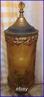 Antique Polychrome Table Lamp With Amber Cracked Style Shade Art Deco Works