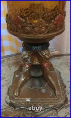 Antique Polychrome Table Lamp With Amber Cracked Style Shade Art Deco Works