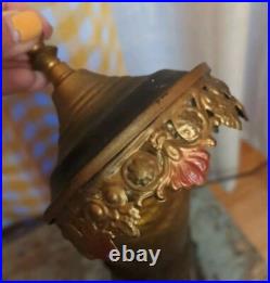 Antique Polychrome Table Lamp With Amber Cracked Style Shade Art Deco Works