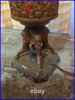 Antique Polychrome Table Lamp With Amber Cracked Style Shade Art Deco Works