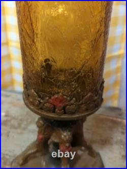 Antique Polychrome Table Lamp With Amber Cracked Style Shade Art Deco Works