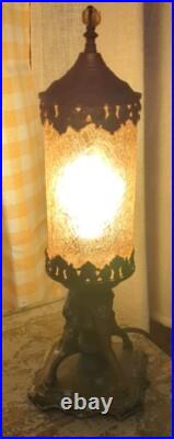 Antique Polychrome Table Lamp With Amber Cracked Style Shade Art Deco Works
