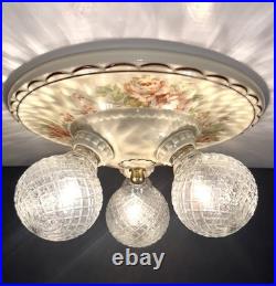 Antique Porcelier Art Deco Victorian Floral 3 Lightbulb Porcelain Ceiling Light