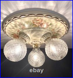 Antique Porcelier Art Deco Victorian Floral 3 Lightbulb Porcelain Ceiling Light