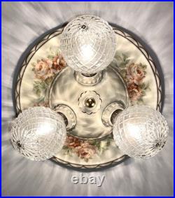 Antique Porcelier Art Deco Victorian Floral 3 Lightbulb Porcelain Ceiling Light