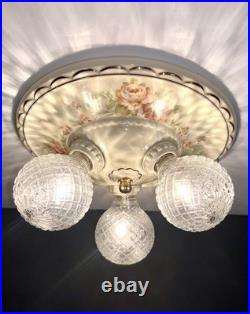 Antique Porcelier Art Deco Victorian Floral 3 Lightbulb Porcelain Ceiling Light