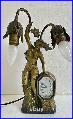 Antique Schadow & Son New York Art Deco Nouveau Woman Figural Clock Lamp U. S. A