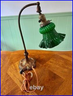 Antique Spanish Brass Globe Green Art Deco Glass Ruffled Edge Table Lamp