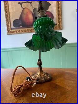 Antique Spanish Brass Globe Green Art Deco Glass Ruffled Edge Table Lamp