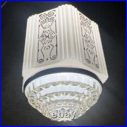 Antique Swag Lamp White Milk Glass Art Deco Skyscraper Hand Painted Wedding Cake