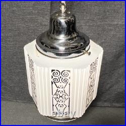 Antique Swag Lamp White Milk Glass Art Deco Skyscraper Hand Painted Wedding Cake