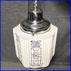 Antique Swag Lamp White Milk Glass Art Deco Skyscraper Hand Painted Wedding Cake