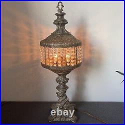 Antique Table Lamp Waterfall Prisms Filigree Pierced Metal