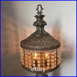 Antique Table Lamp Waterfall Prisms Filigree Pierced Metal