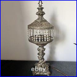 Antique Table Lamp Waterfall Prisms Filigree Pierced Metal