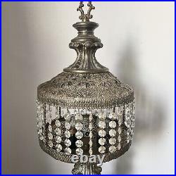 Antique Table Lamp Waterfall Prisms Filigree Pierced Metal