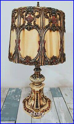 Antique Tiffany Style Cast Iron Lamp Silk Shade with Coral 11-22-21 Art Deco