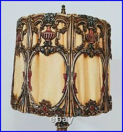 Antique Tiffany Style Cast Iron Lamp Silk Shade with Coral 11-22-21 Art Deco