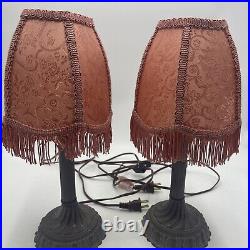 Antique Victorian Art Deco Buffet Table Lamp set with pink fringe shades 14