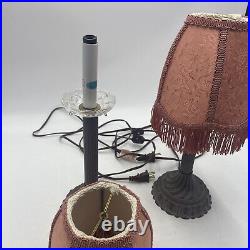 Antique Victorian Art Deco Buffet Table Lamp set with pink fringe shades 14