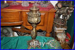 Antique Victorian Art Deco Converted Oil Lamp-Brass Metal-Gilded Gold Scrolls