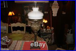 Antique Victorian Art Deco Converted Oil Lamp WithHanging Crystals-Metal Scroll