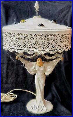 Antique Victorian Art Nouveau Deco Vtg Figural Lady Bronze Table Jewled Lamp