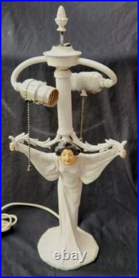 Antique Victorian Art Nouveau Deco Vtg Figural Lady Bronze Table Jewled Lamp