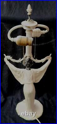 Antique Victorian Art Nouveau Deco Vtg Figural Lady Bronze Table Jewled Lamp