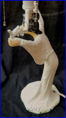 Antique Victorian Art Nouveau Deco Vtg Figural Lady Bronze Table Jewled Lamp