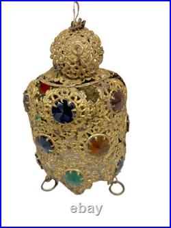 Antique Victorian Brass Filigree Glass Cabochon Jeweled Pendant hanging Lamp