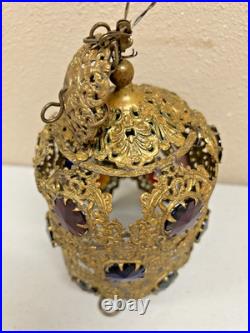Antique Victorian Brass Filigree Glass Cabochon Jeweled Pendant hanging Lamp