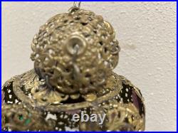 Antique Victorian Brass Filigree Glass Cabochon Jeweled Pendant hanging Lamp