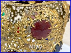 Antique Victorian Brass Filigree Glass Cabochon Jeweled Pendant hanging Lamp